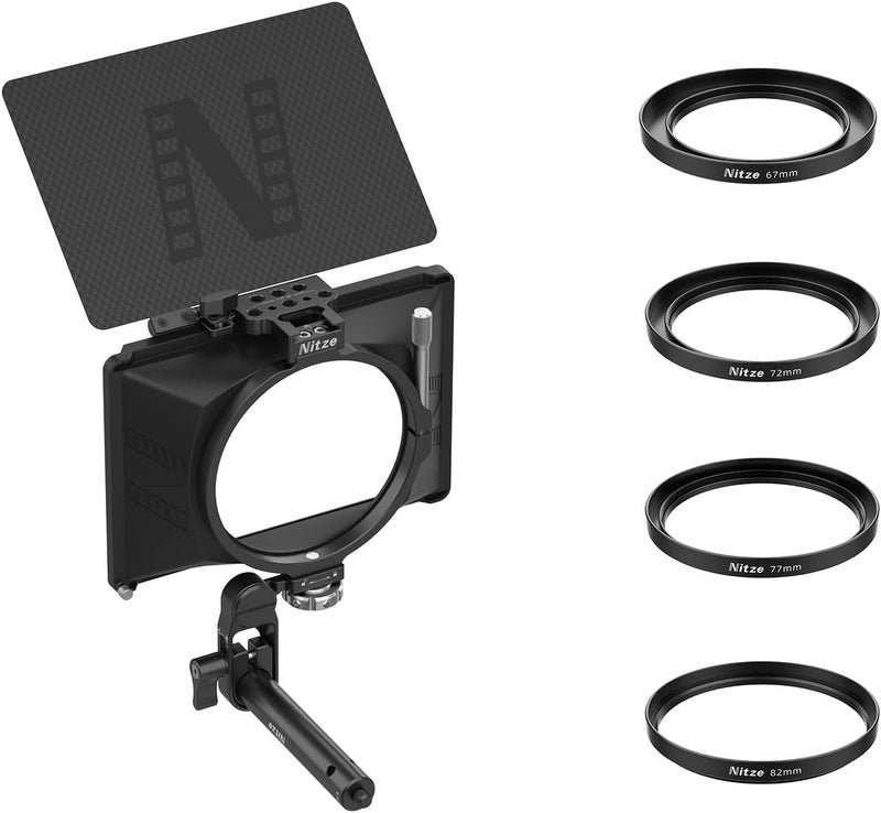 Nitze Mini Matte Box, with Carbon Fiber Top Flag, 15mm Rod and Rod Clamp, 4 Lens Adapter Rings (Φ67/72/77/82mm), Compatible with 4 x 5.65 Filter - MB15AK - Image 1